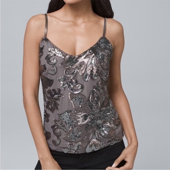 White House Black Market | Sequin Flower Cami |‎ Grey | Small - Picture 1 of 15